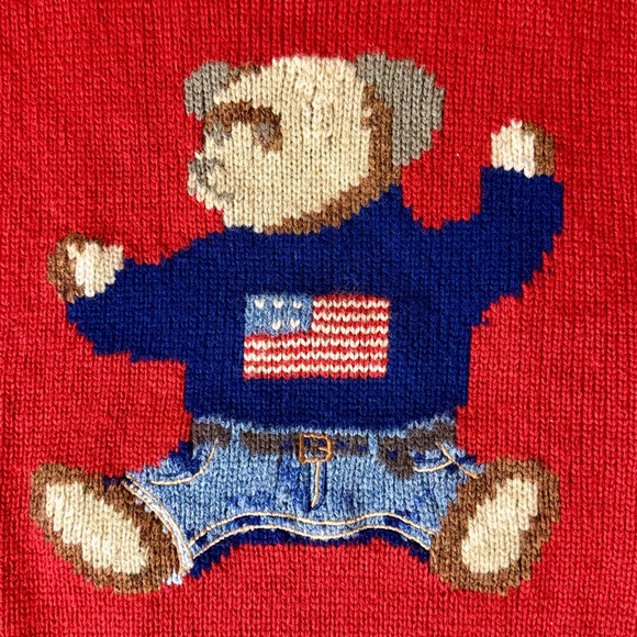 RARE  Vintage 90s Polo Ralph Lauren Bear Sit Down Knit Wool Sweater Size L Red🔥 - Picture 3 of 10